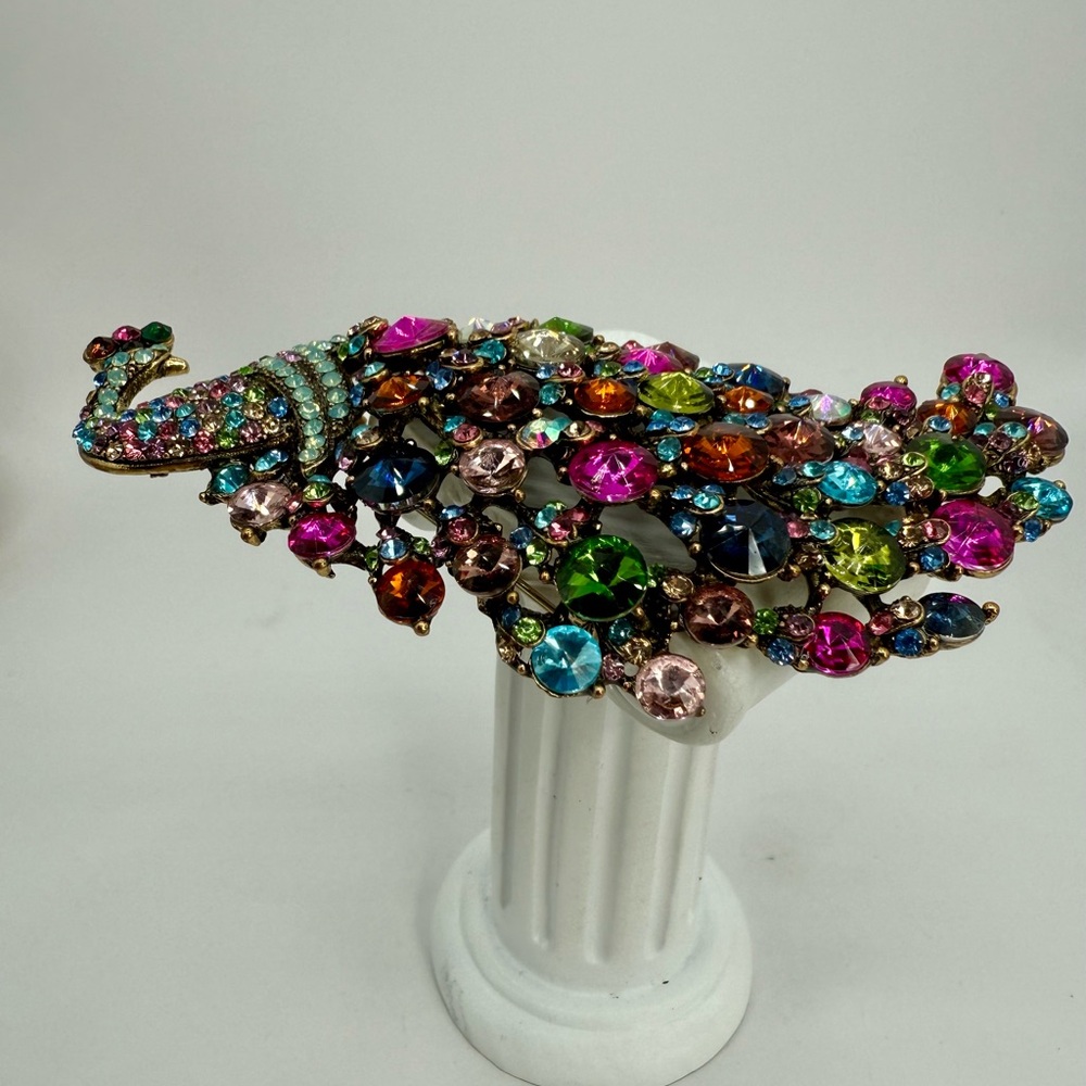 Kirk’s Folly Large Multicolor Rhinestone Peacock Brooch Pin/Pendant 5” Statement - Picture 8 of 17